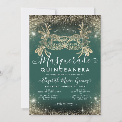 Masquerade Emerald Green Gold Glitter Quinceanera Invitation