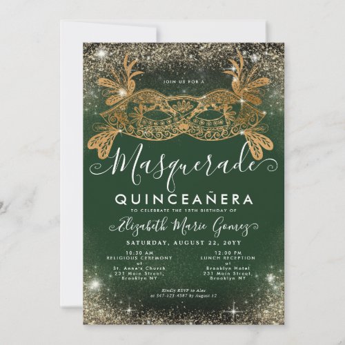 Masquerade Emerald Green Gold Glitter Quinceanera Invitation