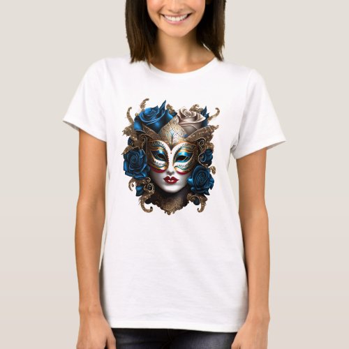 Masquerade eye mask blue gold rose flowers venice T_Shirt
