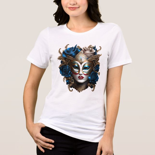 Masquerade eye mask blue gold rose flowers venice Tri-Blend shirt (Front)