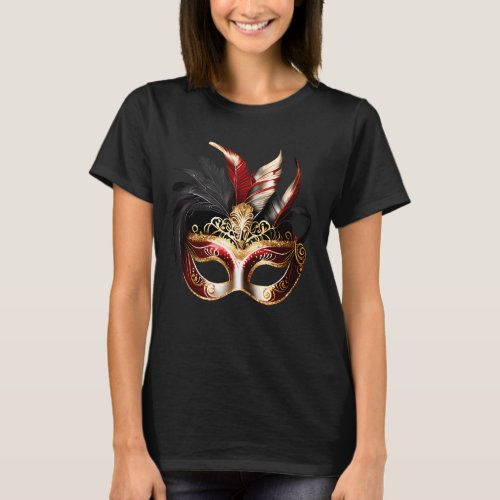 Masquerade eye mask feathers black red gold chic T_Shirt