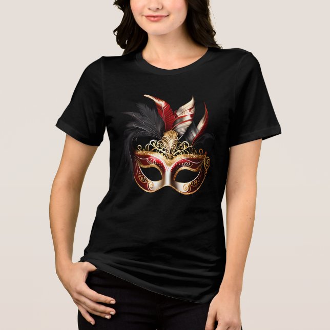 Masquerade eye mask feathers black red gold chic Tri-Blend shirt (Front)