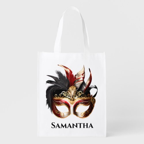 Masquerade eye mask venetian black red gold chic grocery bag