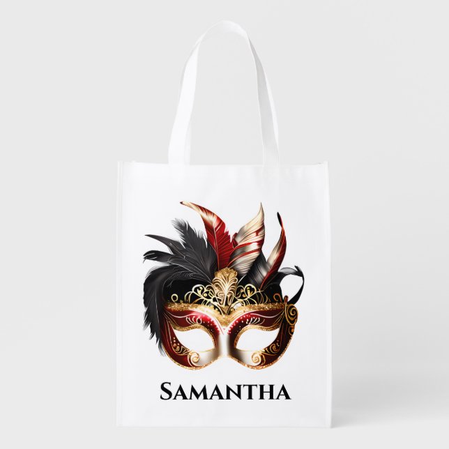 Masquerade eye mask venetian black red gold chic grocery bag (Front)