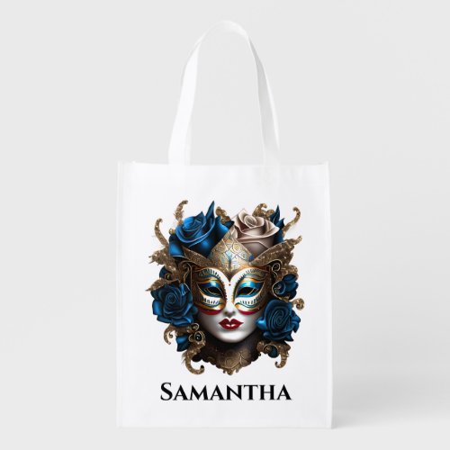 Masquerade eye mask venetian blue gold elegant grocery bag