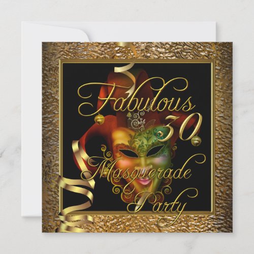 Masquerade Fabulous 30 Gold Black Birthday Party Invitation