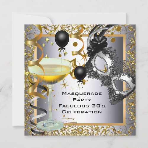 Masquerade Fabulous 30th Silver Gold Black Party Invitation