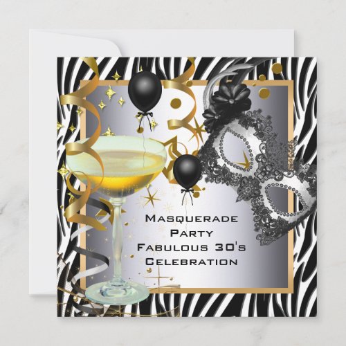 Masquerade Fabulous 30th Zebra Silver Gold Black Invitation