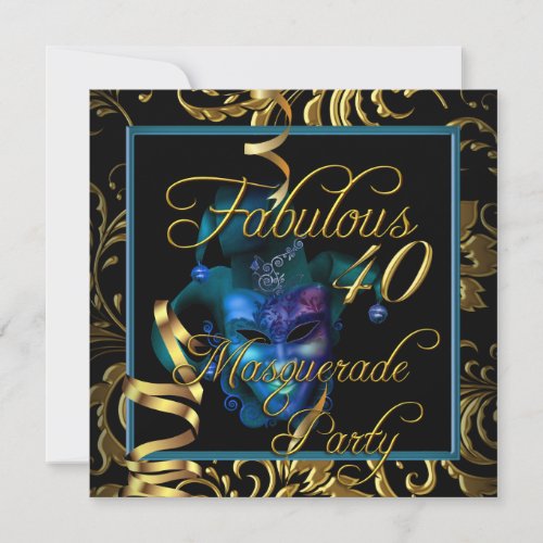 Masquerade Fabulous 40 Gold Blue Birthday Party Invitation