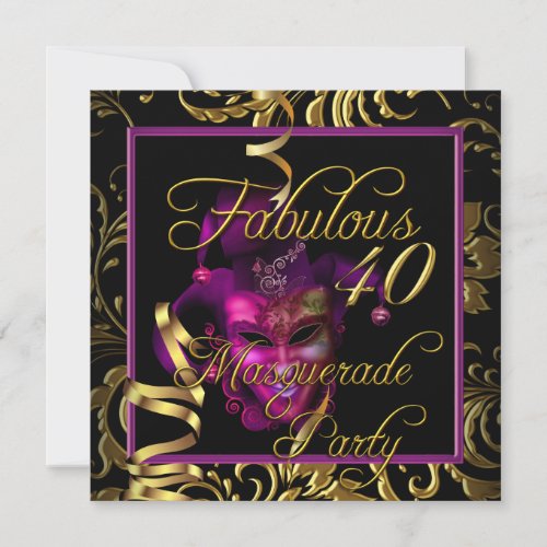 Masquerade Fabulous 40 Gold Pink Birthday Party Invitation