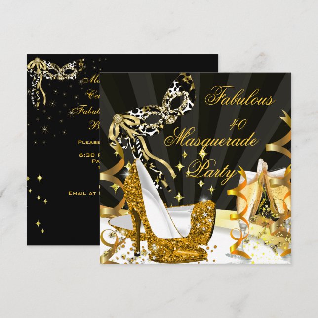 Masquerade Fabulous 40 Woman's Gold High Heel Invitation (Front/Back)