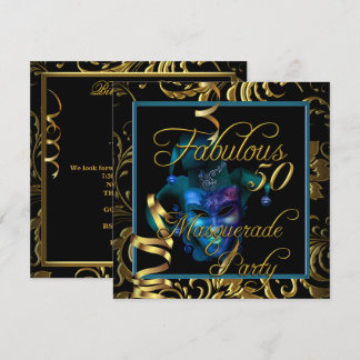 Masquerade Fabulous 50 Gold Blue Birthday Party Invitation