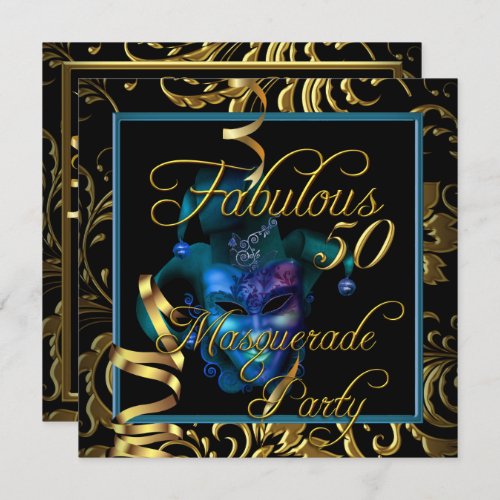Masquerade Fabulous 50 Gold Blue Birthday Party Invitation