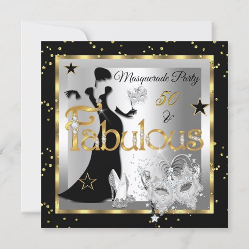 Masquerade Fabulous 50 Party Gold Silver Black Invitation