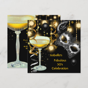 Masquerade Fabulous Mask Gold Lights Black Party Invitation