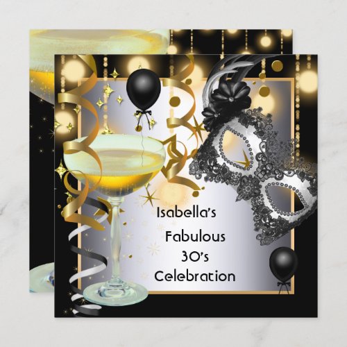 Masquerade Fabulous Silver Mask Gold Lights Party Invitation