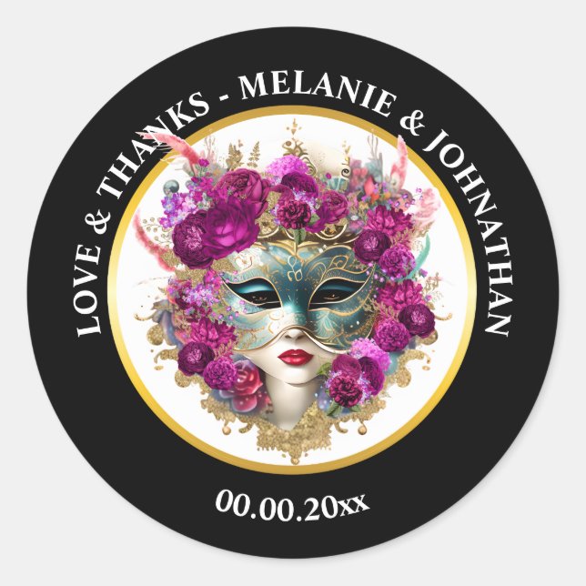 Masquerade Floral Wedding Favor Sticker (Front)