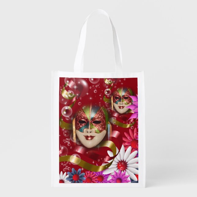 Masquerade flower fantasy | red pink reusable grocery bag (Front)