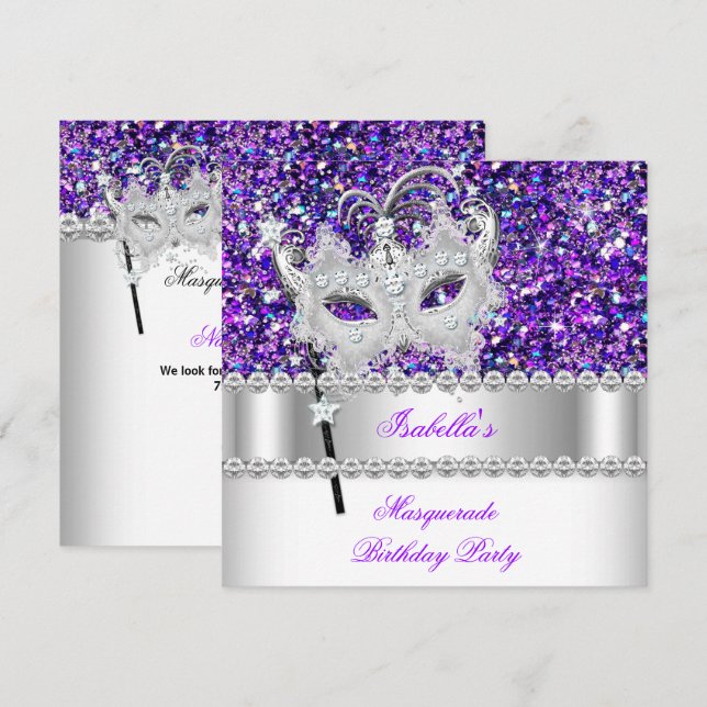 Masquerade Glitter Purple Diamond Mask Birthday 2 Invitation (Front/Back)