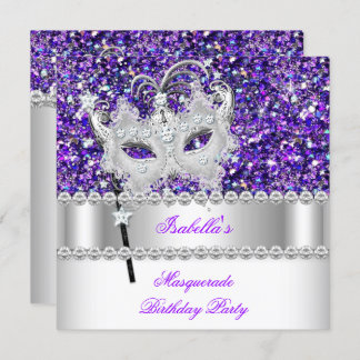 Masquerade Glitter Purple Diamond Mask Birthday 2 Invitation