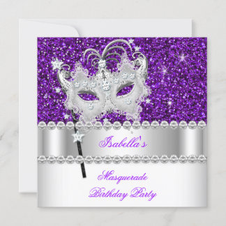 Masquerade Glitter Purple Diamond Mask Birthday Invitation