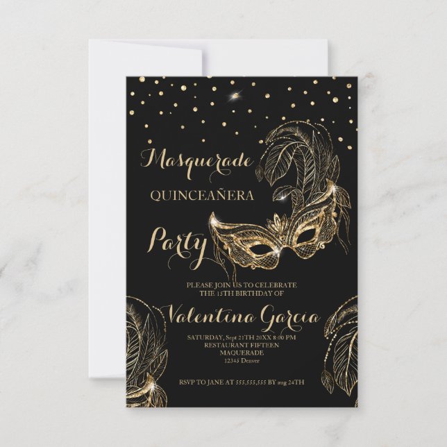 Masquerade glitter quinceanera mask invite (Front)