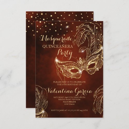Masquerade glitter quinceanera mask invite red