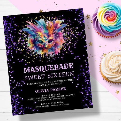 Masquerade Glitter Sweet 16 Birthday Invitation