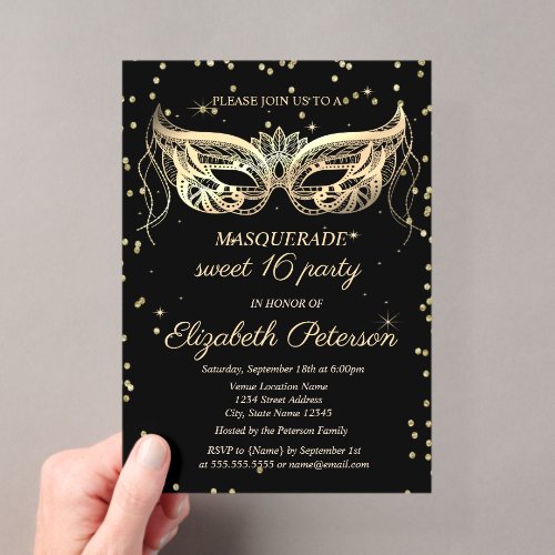 Masquerade Gold Diamonds Black Sweet 16 Acrylic Invitations