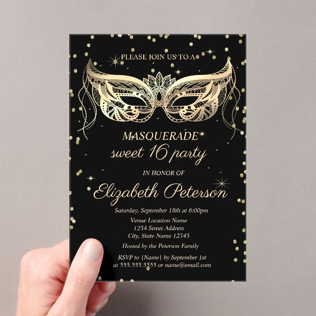 Masquerade Gold Diamonds Black Sweet 16 Acrylic Invitations (Insitu (Handheld))