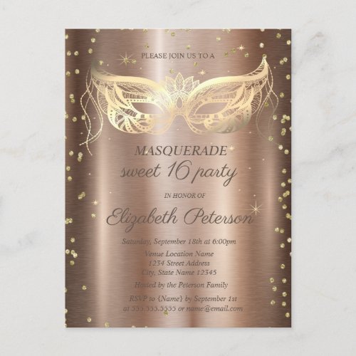 Masquerade Gold Diamonds Copper Sweet 16  Invitation Postcard
