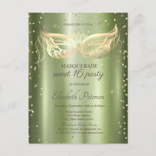 Masquerade Gold Diamonds Green Metallic Sweet 16  Invitation Postcard