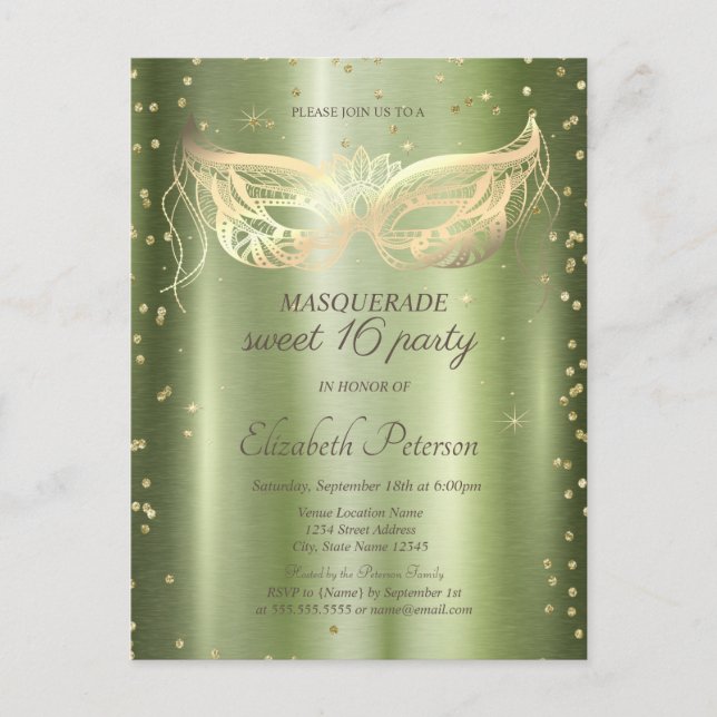 Masquerade Gold Diamonds Green Metallic Sweet 16  Invitation Postcard (Front)
