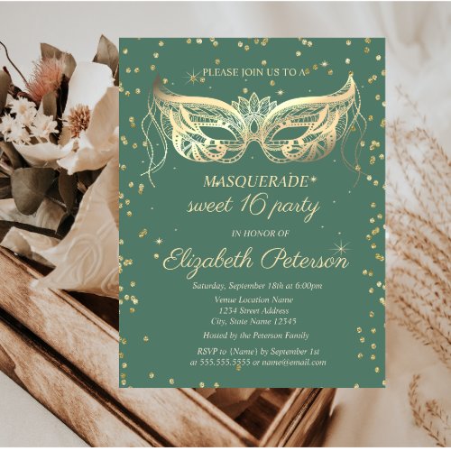 Masquerade Gold Diamonds Green Sweet 16 Invitation Postcard