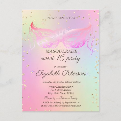 Masquerade Gold Diamonds Holographic Sweet 16 Invitation Postcard