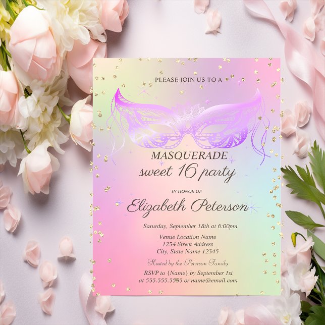 Masquerade Gold Diamonds Holographic Sweet 16 Invitation Postcard (Creator Uploaded)
