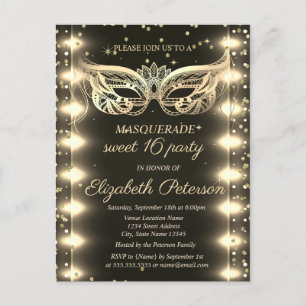 Masquerade Gold Diamonds Lights Sweet 16  Invitation Postcard