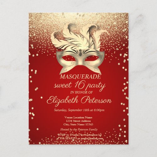 Masquerade Gold DiamondsMasqueRed Sweet 16 Invitation Postcard