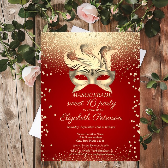 Masquerade Gold Diamonds,Masque,Red Sweet 16 Invitation Postcard (Creator Uploaded)