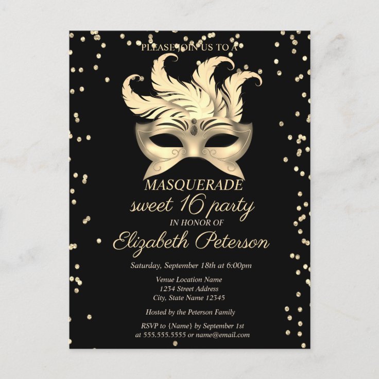 Masquerade Gold Diamonds Masque Sweet 16 Invitation Postcard Zazzle