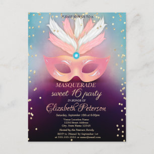 Masquerade Gold Diamonds,Pink Masque Sweet 16 Invitation Postcard