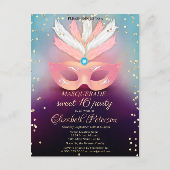 Masquerade Gold Diamonds Pink Masque Sweet 16 Invitation Postcard Zazzle