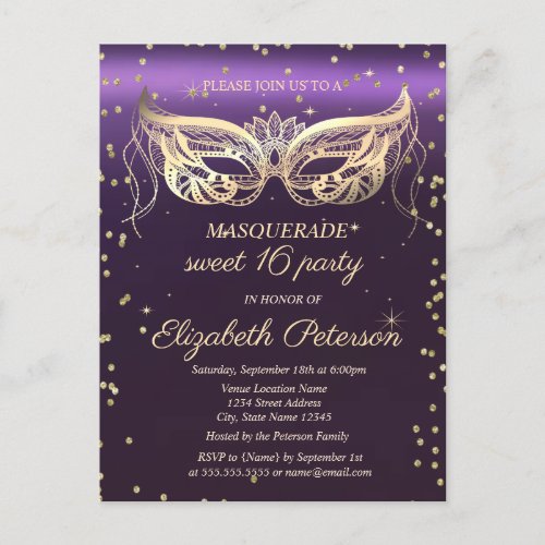 Masquerade Gold Diamonds Purple Sweet 16  Invitation Postcard