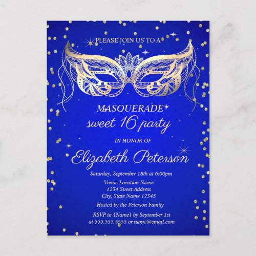 Masquerade Gold Diamonds Royal Blue Sweet 16  Invitation Postcard