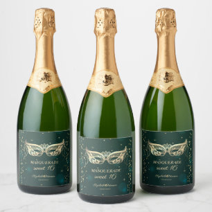 Masquerade Gold Diamonds Stars Green Sweet 16 Sparkling Wine Label