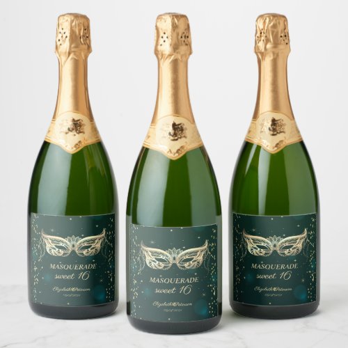 Masquerade Gold Diamonds Stars Green Sweet 16  Sparkling Wine Label