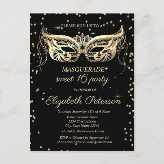 Masquerade Gold Diamonds Sweet 16 Invitation Postcard