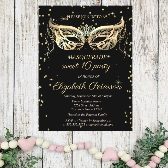 Masquerade Gold Diamonds Sweet 16 Invitation Postcard | Zazzle