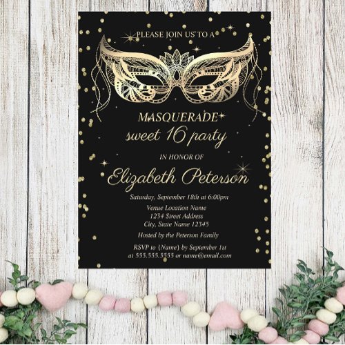 Masquerade Gold Diamonds Sweet 16 Invitation Postcard