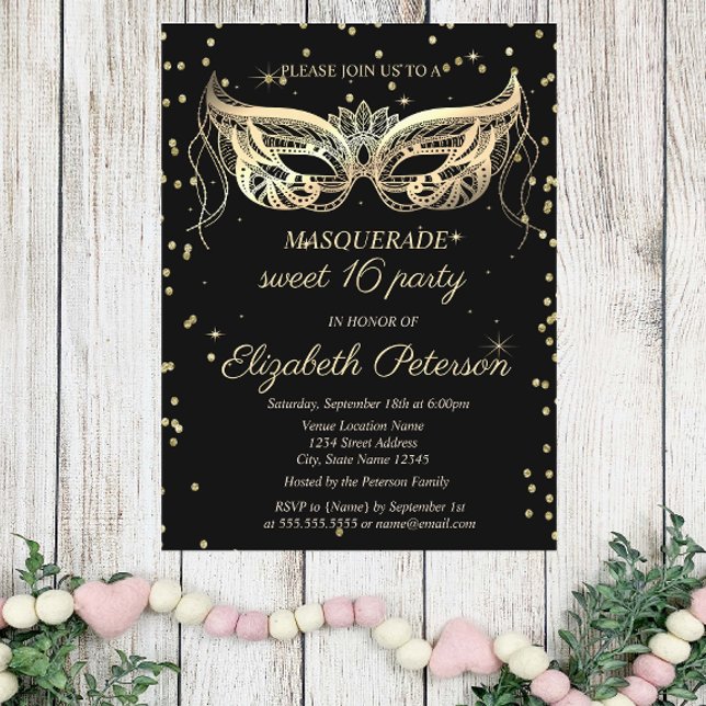 Masquerade Gold Diamonds Sweet 16 Invitation Postcard (Creator Uploaded)